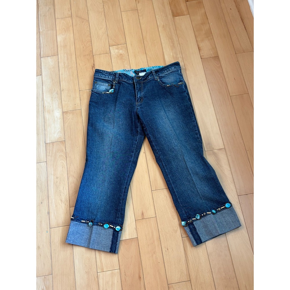 Haven Bleu Cropped Jeans Womens 10 Blue Beaded Turquoise Embellished Boho Denim